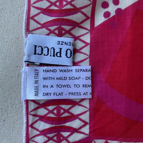 Emilio Pucci Red, White Pink Abstract Breast Cancer 17 Inch Square Cotton Scarf - Picture 8 of 8